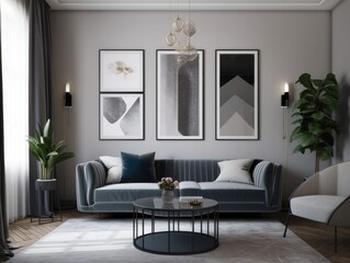 Obraz na płótnie Canvas .Modern stylish interior living room with mock up frame. Generative AI.