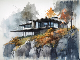 Watercolor painting of a multi-story bungalow house on the side of a steep hillside and on the edge of a forest. Modern and minimalist style architecture. The interesting landscape around the house.