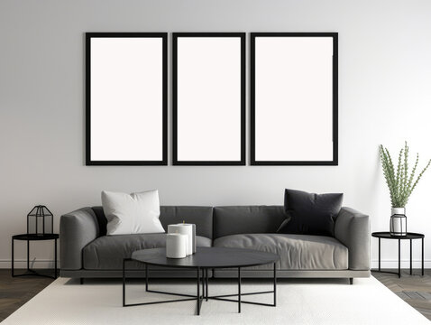Beautiful Contemporary living room with mock up frame on the wall. Generative AI