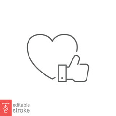 Heart and hand thumb up line icon. Like, favourite, love, and testimonials concept. Simple outline style. Vector illustration isolated on white background. Editable stroke EPS 10.