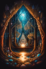 Mysterious surreal triangular magic portal in a dark night mystical forest, swirling with chaotic patterns and shapes that seem to shift and morph before your eyes. AI generative.