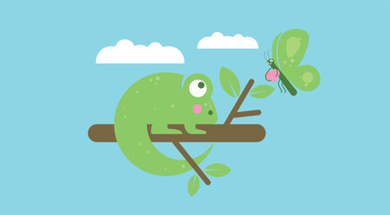 Vector illustration of cute and beautiful green chameleons on white background. Charming characters in different poses sit contentedly on a stick, look at butterflies, hunts in cartoon style.