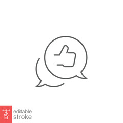 Bubble speech talk with thumb up line icon. Testimonials and customer relationship management concept. Simple outline style. Vector illustration isolated on white background. Editable stroke EPS 10.