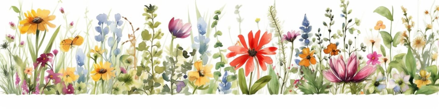 Panoramic banner with watercolor flowers, meadow in summer, horizontal border of adorable wild flowers, AI generative