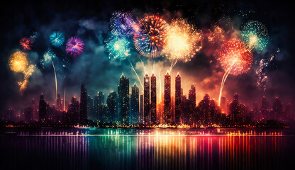 Colorful beautiful fireworks over city at night, Generative ai