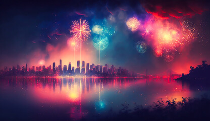 Fototapeta na wymiar Colorful beautiful fireworks over city at night, Generative ai