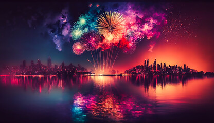 Colorful beautiful fireworks over city at night, Generative ai
