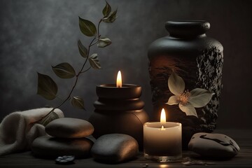 Fototapeta na wymiar Candles and SPA stones on dark background. Spa and wellness setting with candles. Aromatherapy. Generative AI