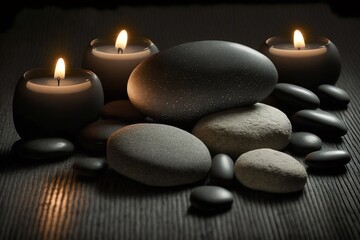 Naklejka na ściany i meble Candles and SPA stones on dark background. Spa and wellness setting with candles. Aromatherapy. Generative AI