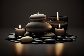 Obraz na płótnie Canvas Candles and SPA stones on dark background. Spa and wellness setting with candles. Aromatherapy. Generative AI