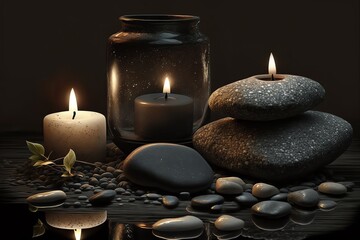 Candles and SPA stones on dark background. Spa and wellness setting with candles. Aromatherapy. Generative AI