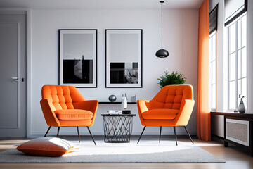 Fototapeta premium Cozy modern living room interior with orange armchair and decoration room on white wall background, Generative AI