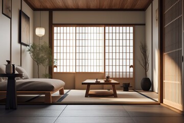 Zen Room: Capture a set of images that showcase a serene, minimalist Zen room. Generative AI