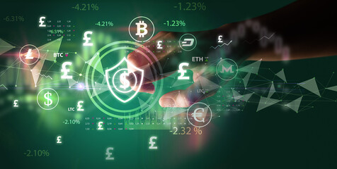 Business person hand pushing currency symbol on multimedia touch screen