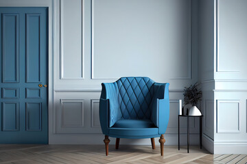 Blue armchair next to a white wall and on parquet in an empty space 3d illustration. Generative Ai