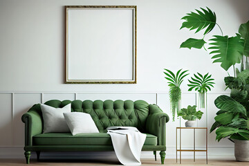 Interior of a living room with a plant on a table and a poster above. Generative Ai