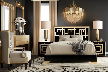 Art Deco Bedroom: Create a glamorous bedroom with an Art Deco - inspired design. Choose a color palette of gold, black, and white, and incorporate geometric patterns and bold graphics Generative AI