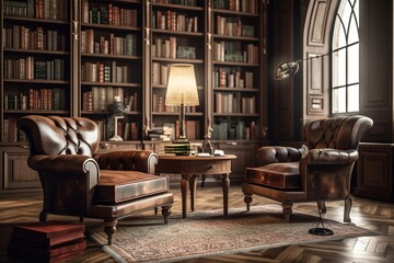 Library: Capture a set of images that showcase a sophisticated, intellectual library. Generative AI