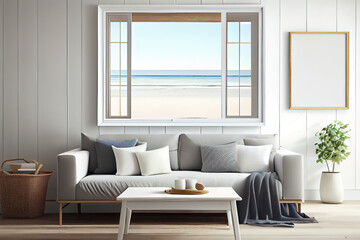 Mockup frame in warm interior of home, living room in coastal style, big blank space. Generative Ai