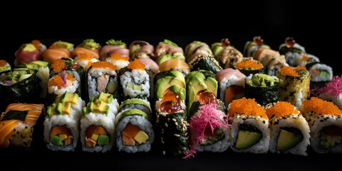 Sushi rolls with tiger shrimp, salmon and avocado, cucumbers, tobiko