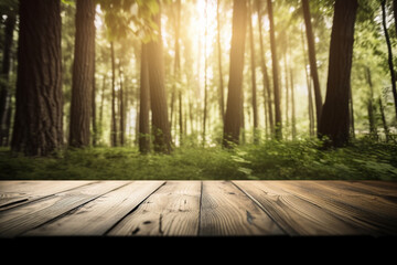Naklejka na ściany i meble Wooden table for product advertising display in fresh green forest blur background. Montage product concept, mock. Generative AI technology.