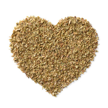 Mediterranean dried za'atar in heart shape on white background close up