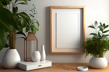 Poster mockup with wooden frame in home interior background.3d rendering. Generative Ai