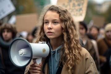 Young girl student using megaphone to fight against climate change on streets. Generative AI - obrazy, fototapety, plakaty