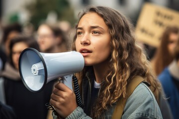 Caucasian young girl advocates for climate change on the street. Activism for environmental conservation. Generative AI - obrazy, fototapety, plakaty