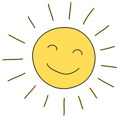 Smile sun icon sketch. Cartoon hand drawn clipart.