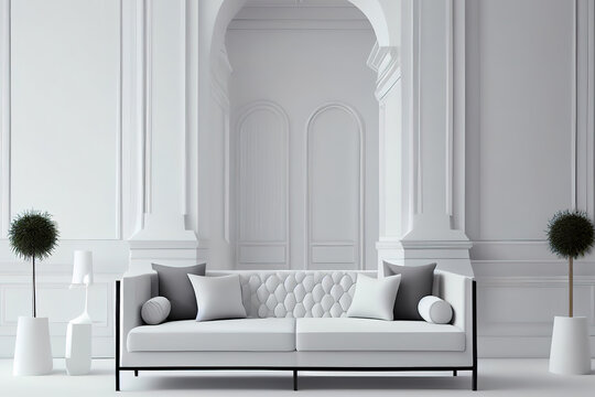 The interior has a White sofa on empty white wall background. Generative Ai