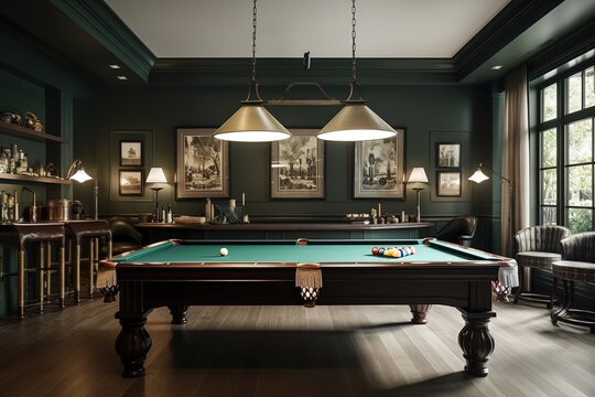 Billiards Room: Capture a set of images that showcase a sophisticated, entertaining billiards room. Generative AI