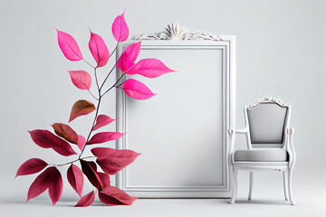White background with picture frame and blow pink leaves. Generative Ai