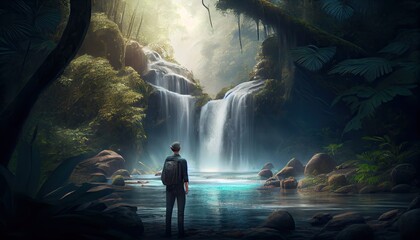 Man in front of a waterfall in a tropical forest adventure World Tourism Day 27th September