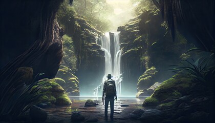 Man in front of a waterfall in a tropical forest adventure World Tourism Day 27th September