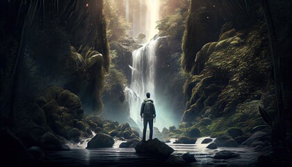Man in front of a waterfall in a tropical forest adventure World Tourism Day 27th September