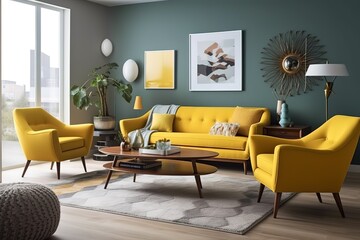 Mid - Century Modern Living Room: Create a living room with a mid - century modern - inspired design, using clean lines, organic shapes, and bold colors. Generative AI