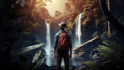 Man in front of a waterfall in a tropical forest adventure World Tourism Day 27th September