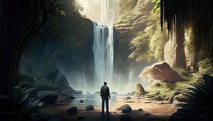 Man in front of a waterfall in a tropical forest adventure World Tourism Day 27th September