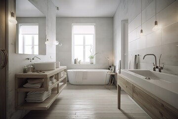 Fototapeta na wymiar Minimalist Bathroom: Create a bathroom with a minimalist - inspired design, using simple materials, clean lines, and neutral colors. Generative AI