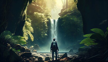 Man in front of a waterfall in a tropical forest adventure World Tourism Day 27th September
