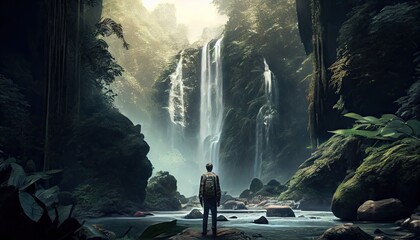 Man in front of a waterfall in a tropical forest adventure World Tourism Day 27th September