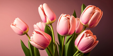 Bouquet of pink tulips flowers on pastel pink background  - generative ai