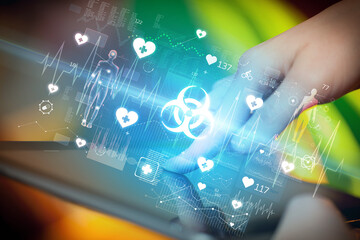 Close-up of a touchscreen with healthcare icons