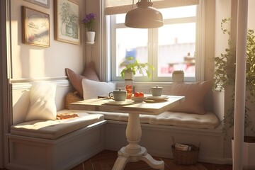Breakfast Nook: Create a set of images that showcase a cozy, charming breakfast nook. Generative AI