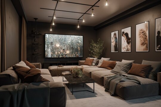 Movie Room: Capture a set of images that showcase a cozy, cinematic movie room. Use natural light to highlight the colors and textures of the seating and decor Generative AI
