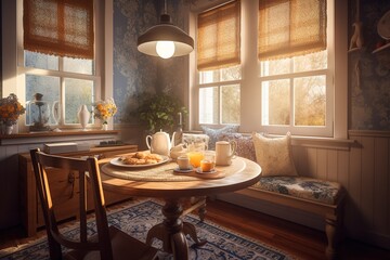 Breakfast Nook: Create a set of images that showcase a cozy, inviting breakfast nook. Generative AI