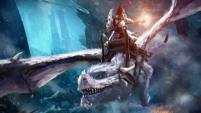 militant dwarf girl in plate armor with a shield and an electric hammer flies into battle on a cute kind white dragon with fluffy and spiked body over icy mountains. approaching 2d animation art