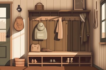 Mudroom: Create a set of images that showcase a practical, organized mudroom. Generative AI