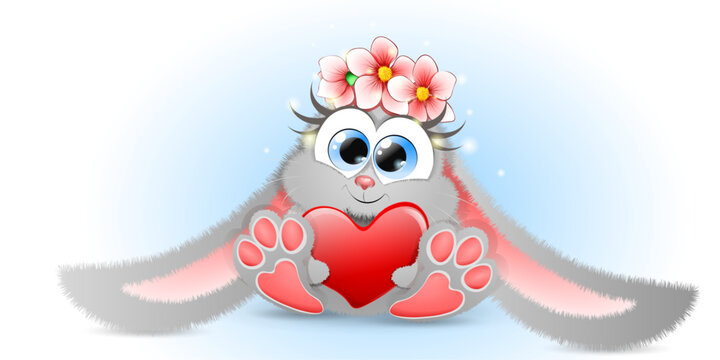 Cute fluffy cartoon grey Bunny with big red heart and wreath of flowers.